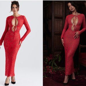 HOUSE OF CB 'Lisandra' Red Lace Maxi Dress NWOT